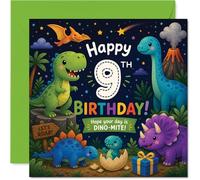 Playful 9th Birthday Card - Roarsome Birthday Wishes - Colourful Dinosaurs in a Jungle Scene - DINO-MITE Fun for Dinosaur Fans - 145mm Square, Envelope Included