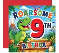 Playful 9th Birthday Card - Roarsome Fun for Turning Nine - Cheery T-rex, Jungle, and Volcano Cartoon - A Dino-mite Way to Celebrate - 145mm Square, Envelope Included