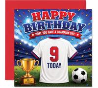 Playful 9th Birthday Card - Score Big on Their Special Day - Bold Football Stadium Scene with Trophy, Shirt and Confetti - 145mm Square, Envelope Included