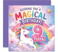 Playful 9th Birthday Card - Sparkly Unicorn Leaps Through a Rainbow - Whimsical 9th Birthday Magic with Smiling Stars and Pastel Hearts - 145mm Square, Envelope Included