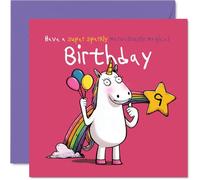 Playful 9th Birthday Card - Unicorn Magic and Rainbows - Whimsical Balloons, Stars & Glittery Vibes - Brings Sparkle to Any Celebration - 145mm Square, Envelope Included