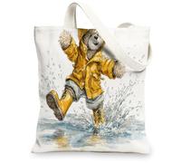 Playful Animal Canvas Tote Bags, Vintage Bear Pattern Reusable Grocery Bags, Lightweight Washable Shoulder Strap Canvas Bag, Yellow, 13x15 Inch