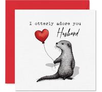 Playful Anniversary Card for Husband - Otterly Adorable Pun - Cute Otter Holding a Red Heart Balloon Illustration, Valentine's Day - 145mm Square, Envelope Included