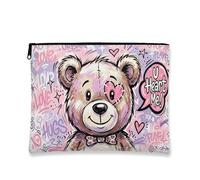 Playful Bear Makeup Bag, Cute Cartoon Cosmetic Pouch for Women, Portable Canvas Zipper Organizer, Valentine'S Day Gift, Peach, 7x9 Inch, Bear