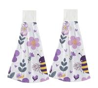 Playful Bee and Purple Floral Hanging Tea Towels With Loop for Kitchen, Microfiber Bath Towel Set of 2, Soft Absorbent Decor Hand Towels for Bathroom Guest Towel Coffee Tea Kitchen Handle