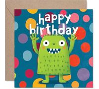 Playful Birthday Card - Big Birthday Smiles - Cheery Green Monster with Bold Colourful Polka Dots - A Fun Way to Brighten Their Special Day - 145mm Square, Envelope Included