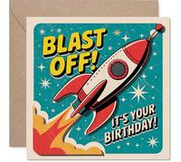 Playful Birthday Card - Blast off into Birthday Fun - Vibrant Rocket and Space Design in Bold Blue and Red - 145mm Square, Envelope Included
