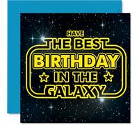 Playful Birthday Card - Blast off to a Stellar Celebration - Space and Stars Design with Bold Yellow Lettering - 145mm Square, Envelope Included