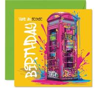 Playful Birthday Card - Bring on the Celebration - Pink Graffiti Telephone Box with Bold Colours - Urban Style for Standout Birthdays - 145mm Square, Envelope Included