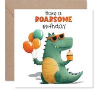 Playful Birthday Card - Bring on the Giggles - Dinosaur with Balloons and Cupcake Design - Bursting with Birthday Cheer - 145mm Square, Envelope Included