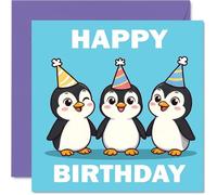 Playful Birthday Card - Bring on the Party Vibes - Three Penguins in Colourful Hats on a Bright Blue Backdrop - Bursting with Birthday Cheer - 145mm Square, Envelope Included