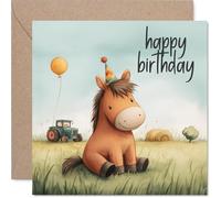 Playful Birthday Card - Bring on the Smiles - Cheerful Horse in a Party Hat in a Sunny Farm Scene - Light-hearted Fun for Animal Lovers - 145mm Square, Envelope Included