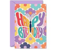 Playful Birthday Card, Bursting with Birthday Cheer | Colourful Butterfly Letters and Retro Floral Background, Guaranteed to Brighten Anyone's Day, A5, Envelope Included