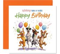 Playful Birthday Card - Bursting with Birthday Cheer - Four Lively Dogs, Balloons and Confetti in a Riot of Colour - 145mm Square, Envelope Included