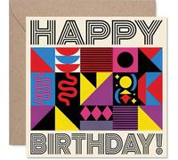 Playful Birthday Card - Bursting with Birthday Cheer - Vibrant Geometric Patterns in Bold Red, Blue and Yellow - 145mm Square, Envelope Included