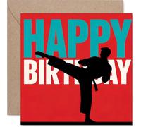 Playful Birthday Card - Bursting with Birthday Energy - Martial Artist Silhouette in Bold Red, Blue, and Black - A Knockout Card for Action Lovers - 145mm Square, Envelope Included