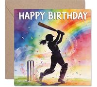 Playful Birthday Card - Bursting with Birthday Energy - Colourful Cricket Player Silhouette on a Vibrant Rainbow Backdrop - 145mm Square, Envelope Included