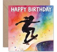 Playful Birthday Card - Bursting with Energy - Skateboarding Silhouette on a Vibrant Rainbow Backdrop - 145mm Square, Envelope Included