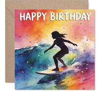 Playful Birthday Card - Catch the Birthday Wave - Vibrant Surfing Silhouette with a Splash of Watercolour Energy - 145mm Square, Envelope Included