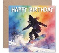 Playful Birthday Card - Catch the Thrill - Vibrant Watercolour Snowboarder Soaring Through a Rainbow - Perfect for Celebrating Big Moves - 145mm Square, Envelope Included
