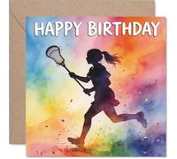 Playful Birthday Card - Celebrate in Style - Vibrant Rainbow Watercolour with Lacrosse Action Silhouette - 145mm Square, Envelope Included