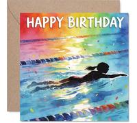 Playful Birthday Card - Dive into Birthday Cheer - Vibrant Watercolour Swimmer and Rainbow Splashes - Bursting with Celebration Energy - 145mm Square, Envelope Included