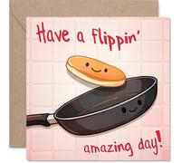Playful Birthday Card - Flip Your Day with a Smile - Pancake Cartoon in a Frying Pan on Bright Pink - A Tasty Twist for Breakfast Lovers - 145mm Square, Envelope Included
