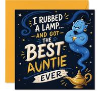 Playful Birthday Card for Auntie - Wishes Really Do Come True - Genie and Lamp Cartoon with Twinkling Stars, Mother's Day - 145mm Square, Envelope Included