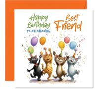 Playful Birthday Card for Best Friend - Bursting with Birthday Cheer - Party-loving Cats, Balloons and Confetti - Sure to Delight Your Best Mate - 145mm Square, Envelope Included