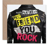 Playful Birthday Card for Best Friend - You Rock Their World - Bold Leather Jacket Motif with Vibrant Pops of Pink and Yellow - 145mm Square, Envelope Included
