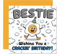 Playful Birthday Card for Bestie - Have an Egg-cellent Day - Cartoon Egg Character with Confetti and Clouds - Guaranteed to Crack a Smile - 145mm Square, Envelope Included