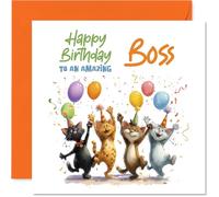 Playful Birthday Card for Boss - Celebrate in Style - Party Cats, Balloons and Confetti for Your Amazing Boss - 145mm Square, Envelope Included