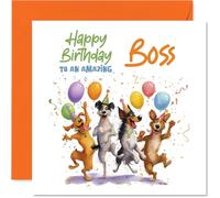 Playful Birthday Card for Boss - Workday Paws and Party Vibes - Playful Dogs with Balloons and Confetti - A Cheerful Way to Celebrate Your Boss - 145mm Square, Envelope Included