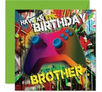 Playful Birthday Card for Brother - Level Up the Birthday Fun - Vibrant Gaming Controller on a Graffiti-style Backdrop - 145mm Square, Envelope Included