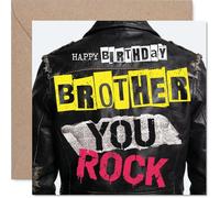 Playful Birthday Card for Brother - Rock on with Bold Leather Jacket Vibes - Vibrant 'YOU ROCK' Birthday Design - 145mm Square, Envelope Included