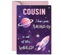 Playful Birthday Card for Cousin - Blast off to Birthday Fun - Sparkly Pink Planet and Rocket on a Starry Galaxy - A5, Envelope Included