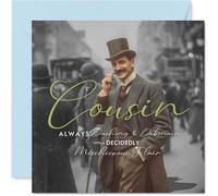 Playful Birthday Card for Cousin - Charming Mischief for a Dapper Cousin - Vintage Photo with Moustachioed Flair - 145mm Square, Envelope Included