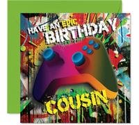 Playful Birthday Card for Cousin - Level Up Their Big Day - Vibrant Gaming Controller Graffiti Design - Bursting with Energetic Colour and Fun - 145mm Square, Envelope Included