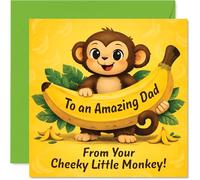 Playful Birthday Card for Dad - Cheeky Monkey Fun - Bright Cartoon Monkey Holding a Banana Pops Against Yellow and Green, Father's Day - 145mm Square, Envelope Included