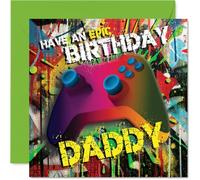 Playful Birthday Card for Daddy - Level Up His Day - Vibrant Gaming Controller on an Energetic Abstract Background - Ideal for Fun-loving Dads - 145mm Square, Envelope Included