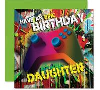Playful Birthday Card for Daughter - Level Up Her Big Day - Vibrant Gaming Controller with Colourful Splatter Design - 145mm Square, Envelope Included