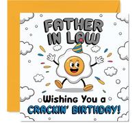 Playful Birthday Card for Father in Law, Guaranteed to Lift Spirits | Egg-cellent Wishes for a Cracking Day, Cheerful Cartoon Egg in a Party Hat, 145mm Square, Envelope Included