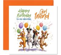 Playful Birthday Card for Girlfriend - Bursting with Birthday Cheer - Playful Dogs, Balloons and Confetti Design - Guaranteed to Bring a Big Smile - 145mm Square, Envelope Included