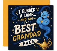 Playful Birthday Card for Grandad - Make His Day Sparkle - Whimsical Genie, Lamp and Stars on a Bold Blue Card, Father's Day - 145mm Square, Envelope Included