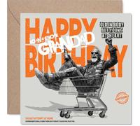 Playful Birthday Card for Grandad - Rebellious Birthday Antics - Grandad Riding a Shopping Trolley in Bold Cartoon Style - 145mm Square, Envelope Included