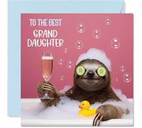 Playful Birthday Card for Granddaughter - Bubble Bath Sloth Brings Birthday Giggles - Fun-loving Sloth Relaxing with Rubber Duck and Bubbles - 145mm Square, Envelope Included