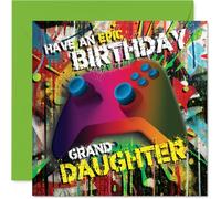 Playful Birthday Card for Granddaughter - Level Up the Birthday Fun - Vibrant Gaming Controller Design with Bold Colours - 145mm Square, Envelope Included