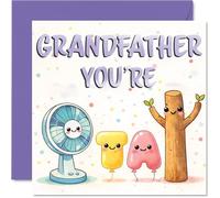 Playful Birthday Card for Grandfather - Brighten His Day - Cute Cartoon Fan and Tree Characters in Cheerful Pastels, Father's Day - 145mm Square, Envelope Included