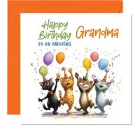 Playful Birthday Card for Grandma - Four Cheeky Cats and Bright Balloons in a Confetti Shower - 145mm Square, Envelope Included