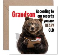 Playful Birthday Card for Grandson - A Little Bear-faced Cheek - Funny Bear with Glasses and Clipboard - 145mm Square, Envelope Included